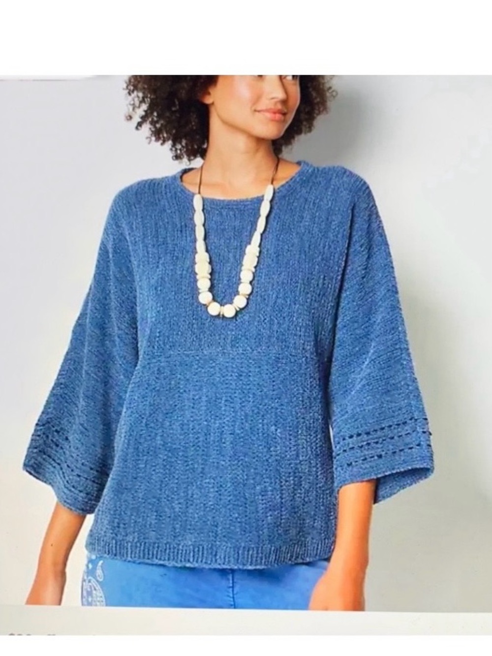Pure Jill Indigo Knit Sweater Kimono Bracelet Sleeves Lagenlook Artsy Boho Sz M - Picture 9 of 9